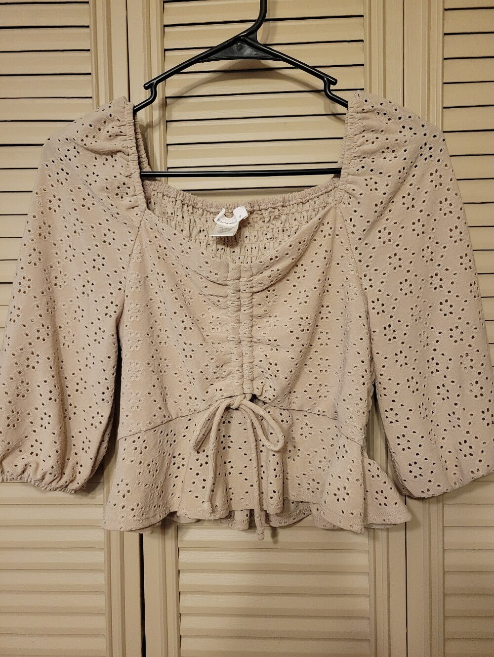 Eyelet Peplum Tie-Front Blouse - Beige